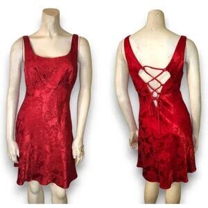 Vintage RAMPAGE 90s Red Jacquard Lace Up Back Mini Dress